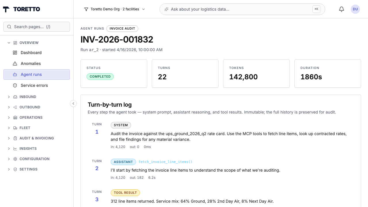 Turn-by-turn audit agent log with system, assistant, and tool-result steps