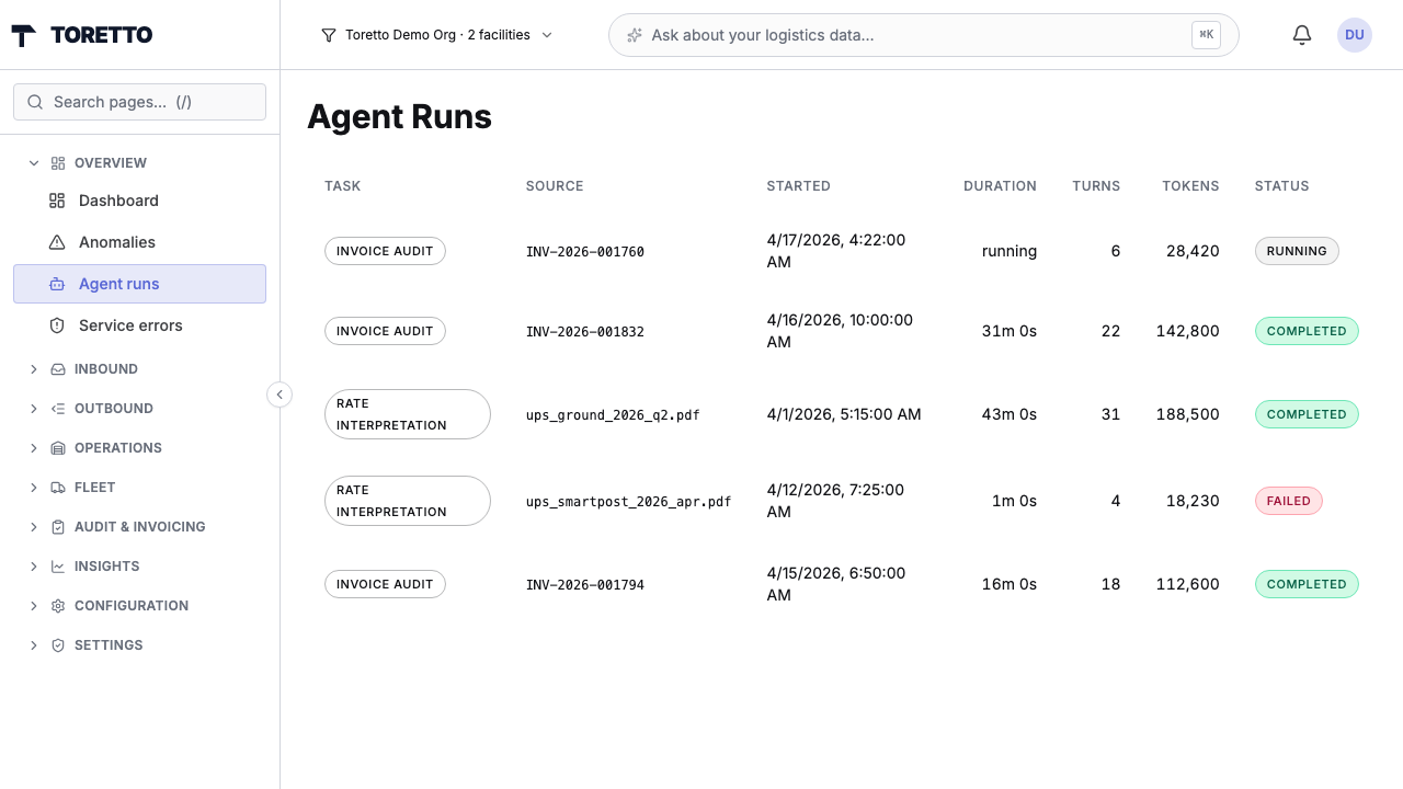 Agent Runs list with task type, source document, duration, turns, and token counts