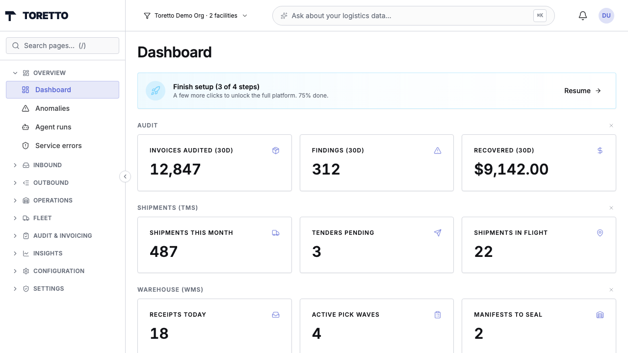 Toretto unified dashboard — audit, shipments, and warehouse metrics in one view