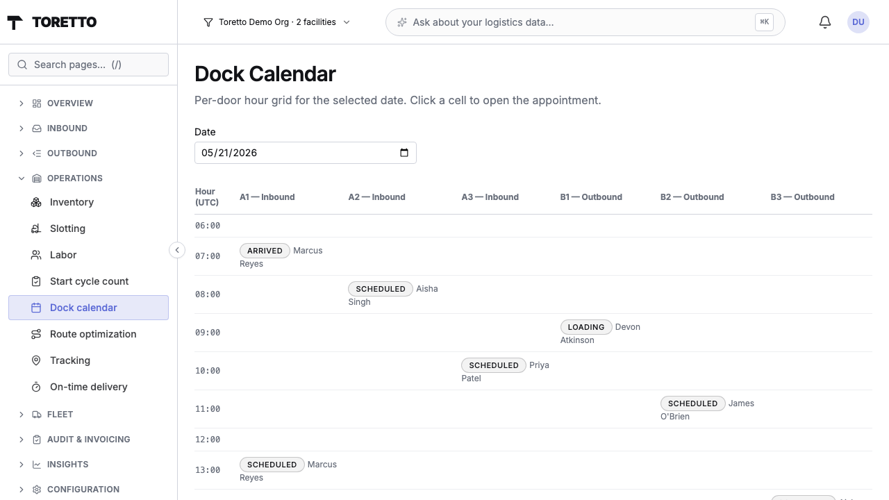 Dock calendar with per-door columns and hourly grid of inbound + outbound appointments