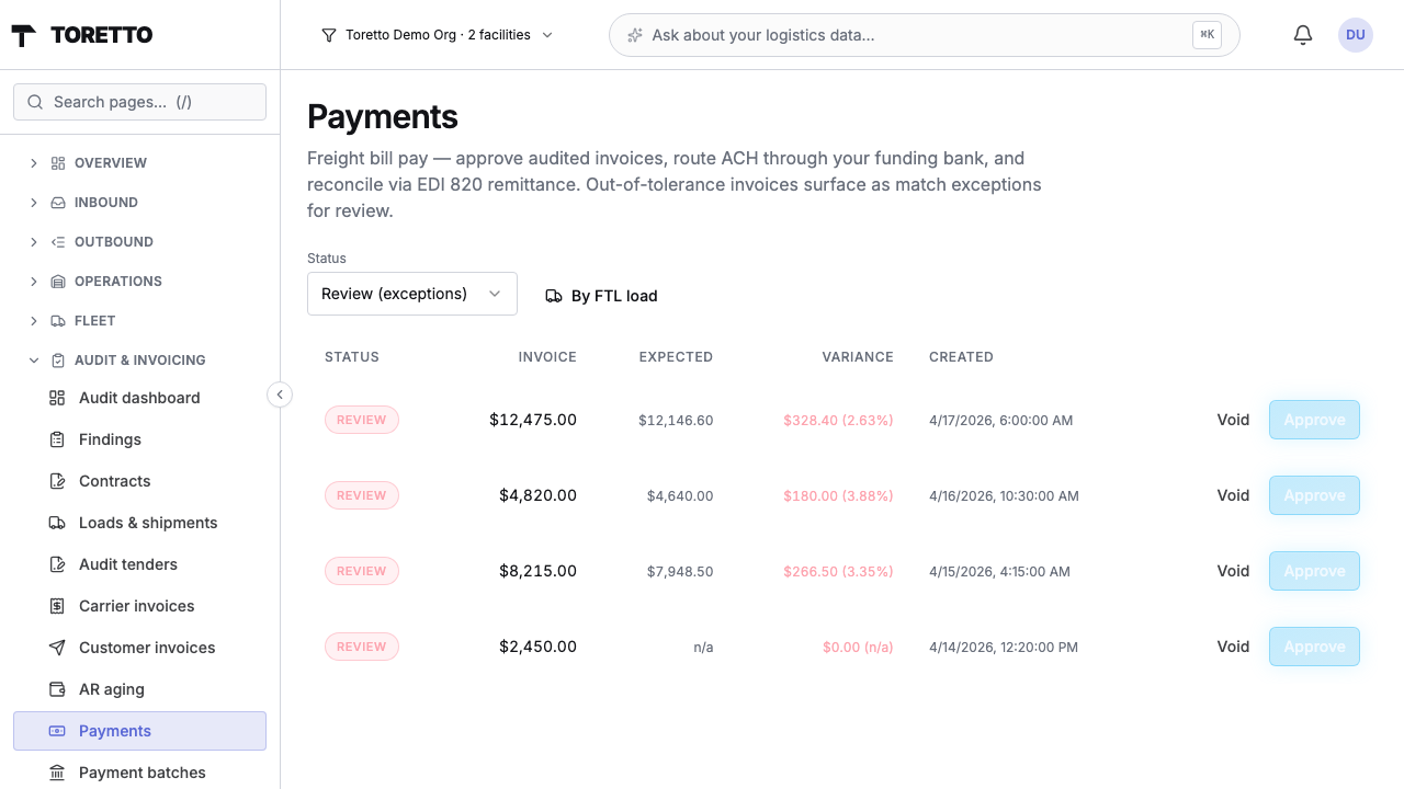 Carrier payment queue — out-of-tolerance invoices with variance amounts and approve / void actions