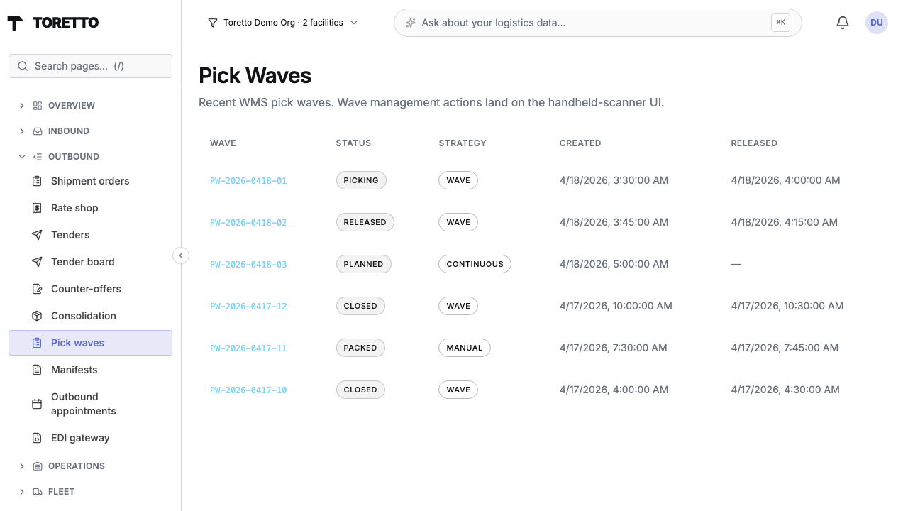 Pick waves list with status, strategy, and timeline columns