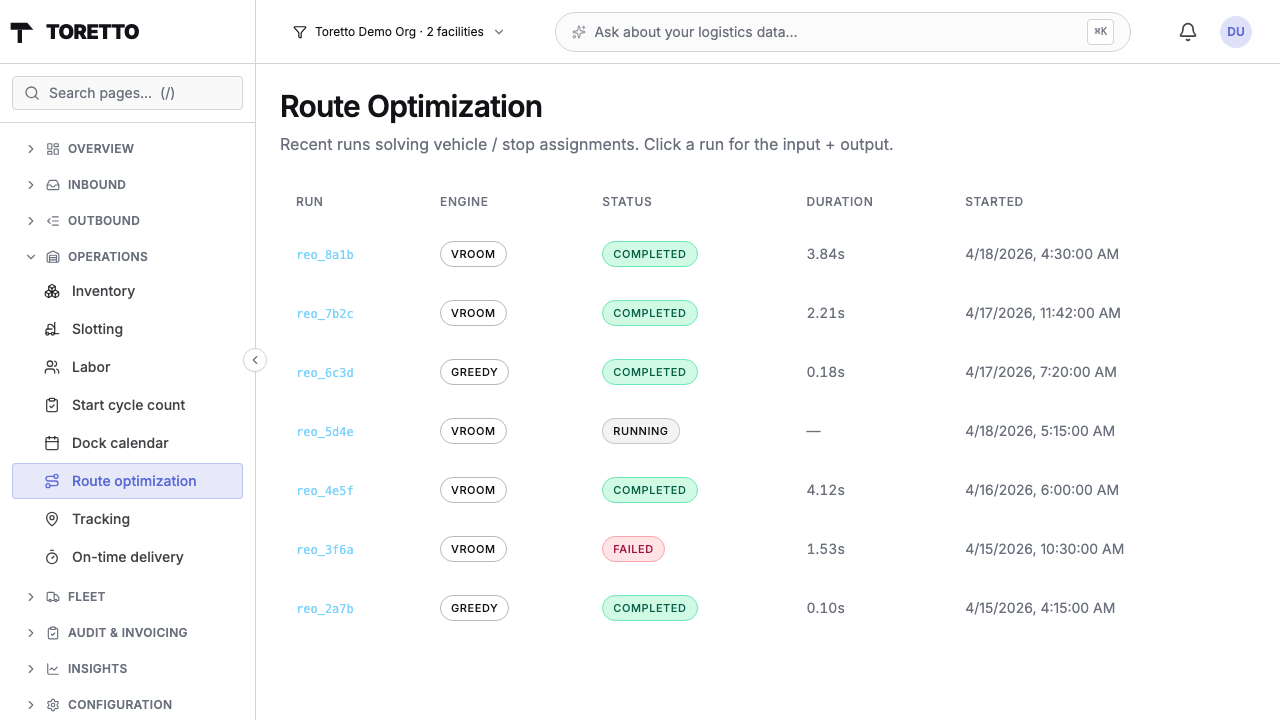 Route optimization runs list — VROOM and Greedy engines with status, duration, and timestamp