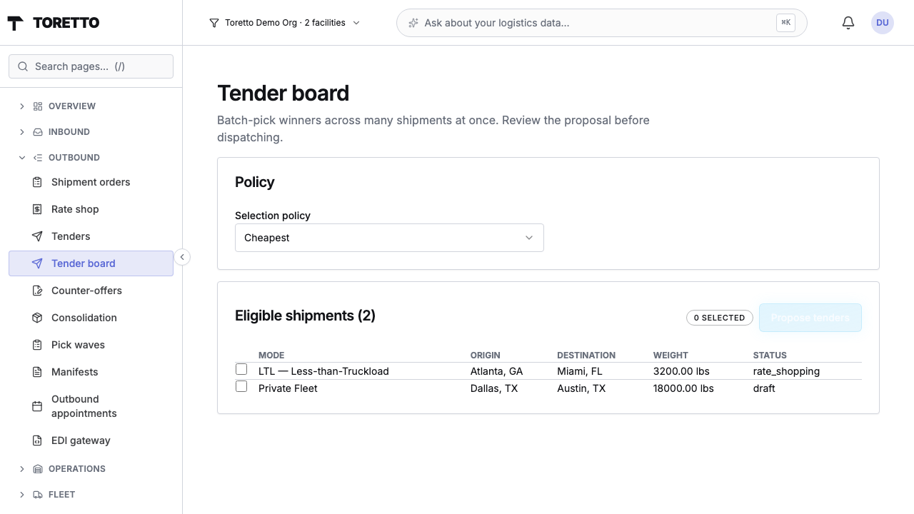 Tender board with policy picker and eligible shipments queued for batch tendering