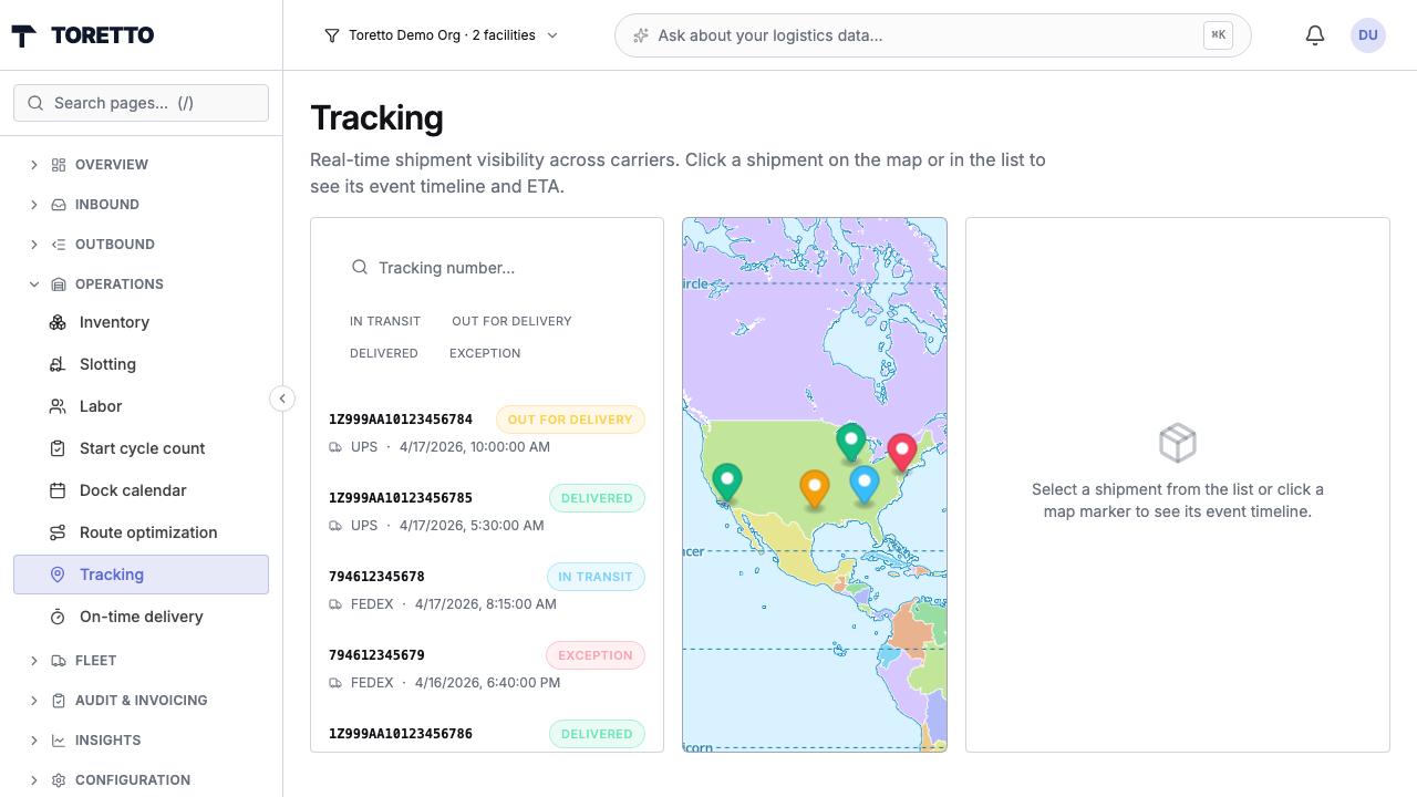 Tracking dashboard with shipment list and live map